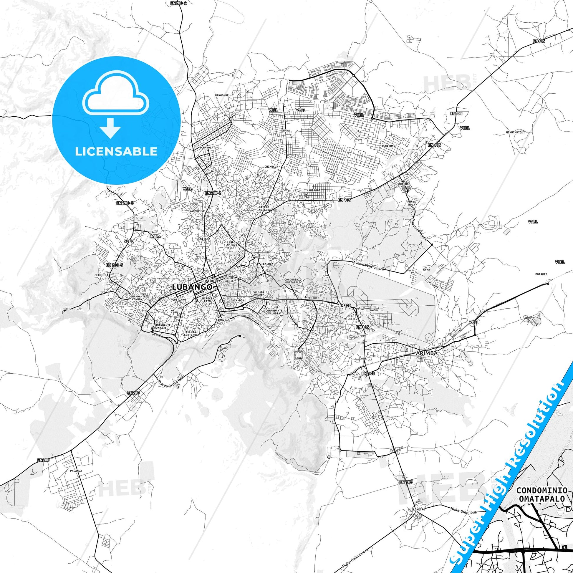 Lubango, Angola light map with streetnames, citynames and districts