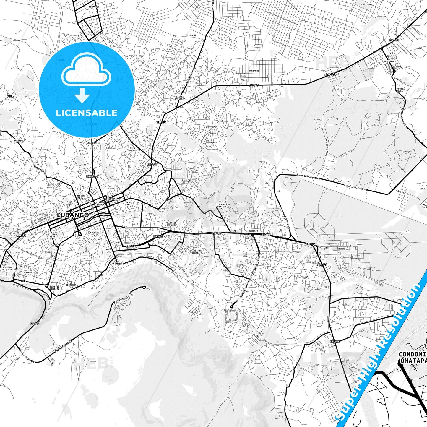 Lubango, Angola Light Map with Street Names, City Names, and Districts