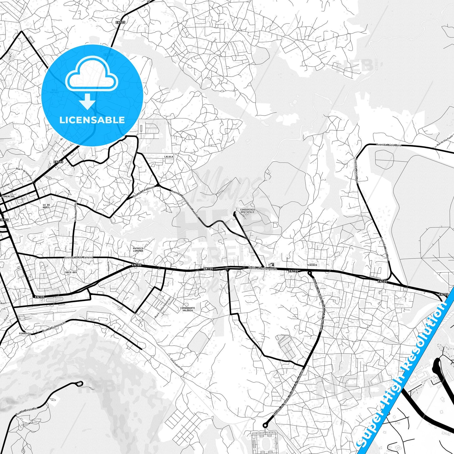 Lubango, Angola Light Map with Street Names, City Names, and Districts