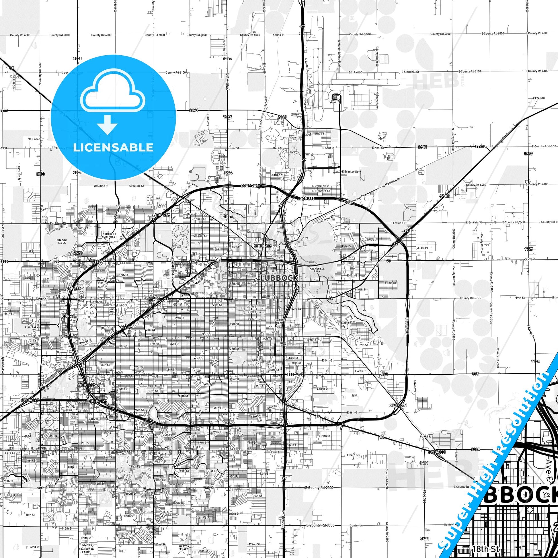 Lubbock, Texas light map with streetnames, citynames and districts