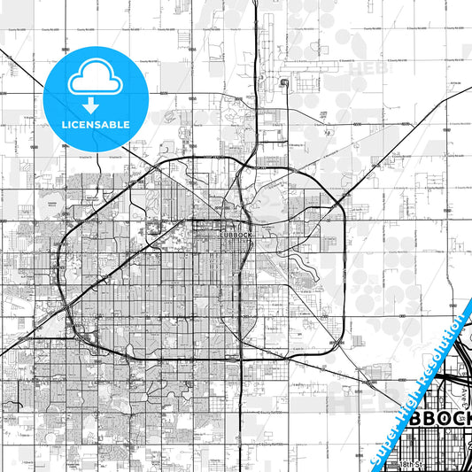 Lubbock, Texas light map with streetnames, citynames and districts