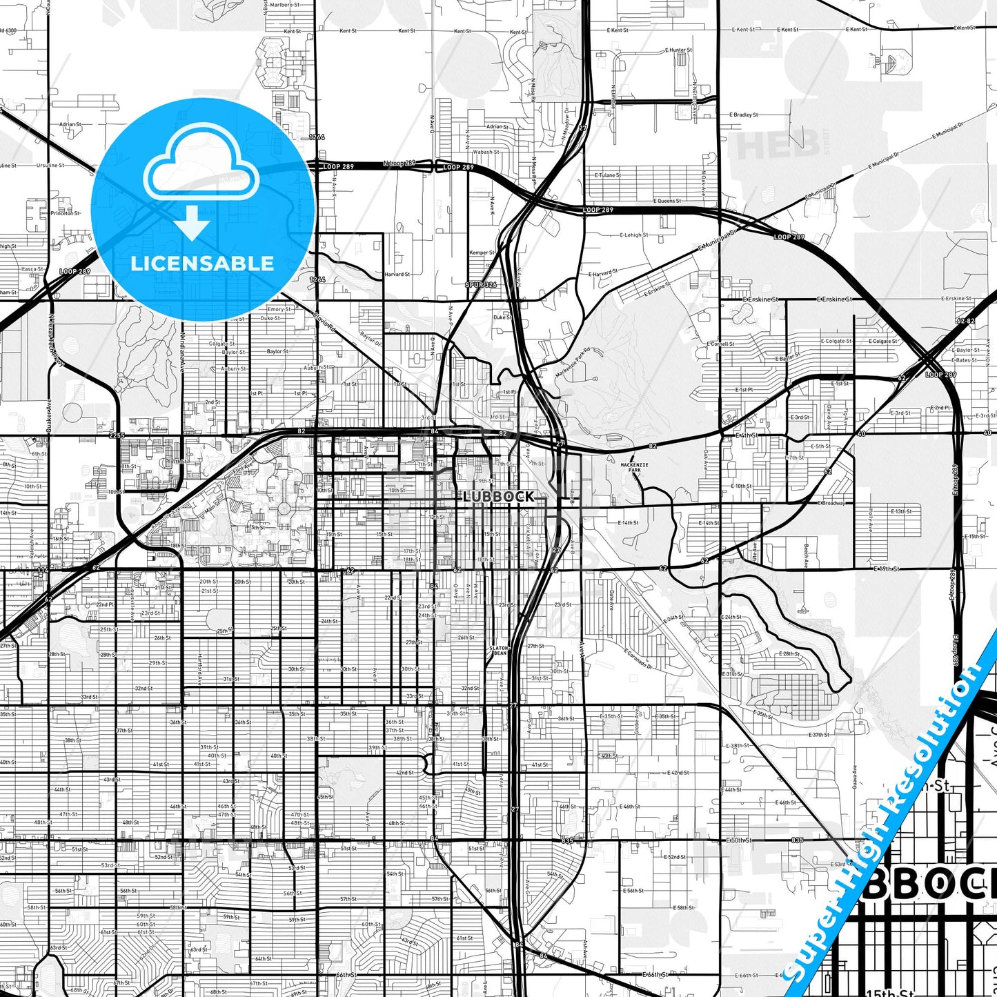 Lubbock, Texas Light Map with Street Names, City Names, and Districts