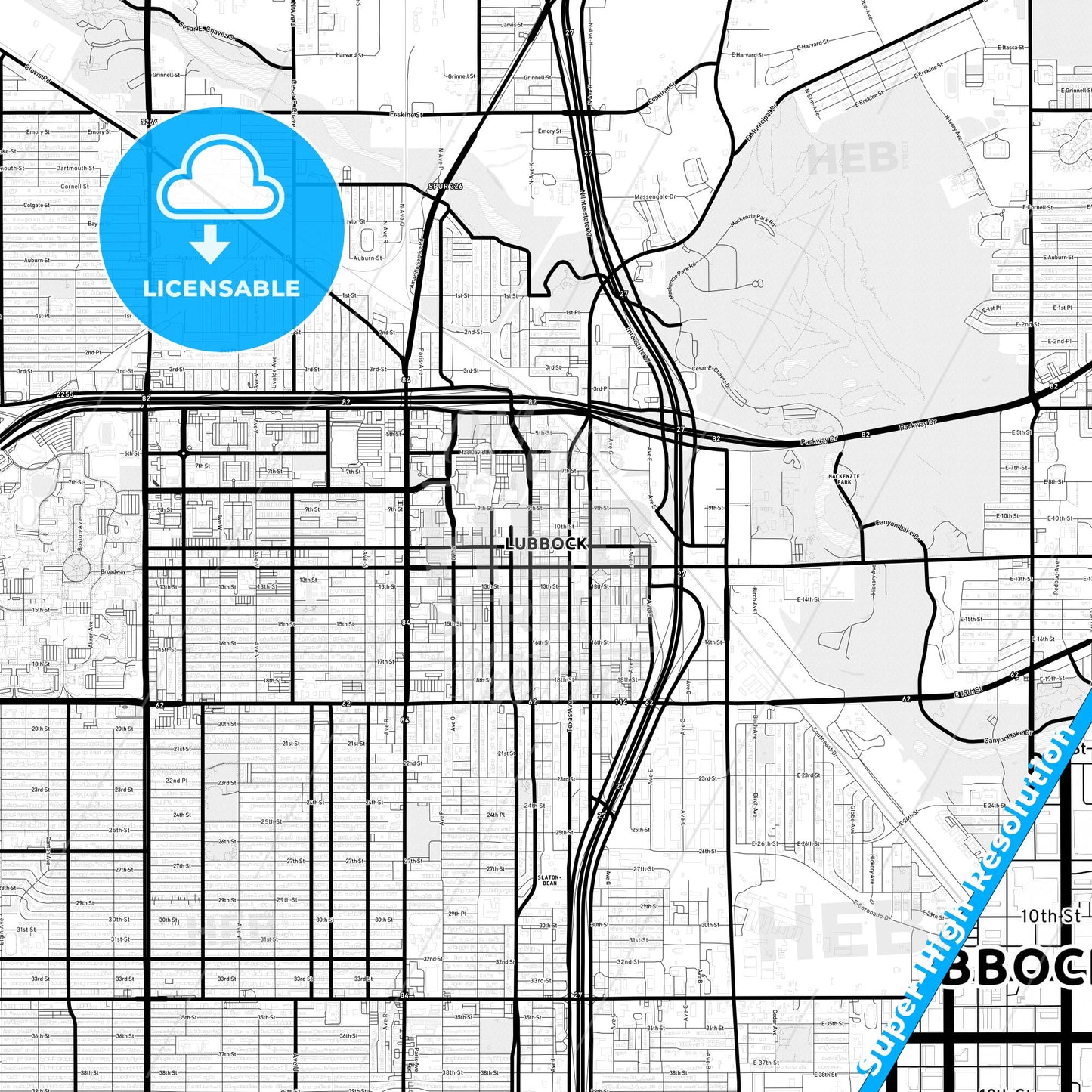 Lubbock, Texas Light Map with Street Names, City Names, and Districts