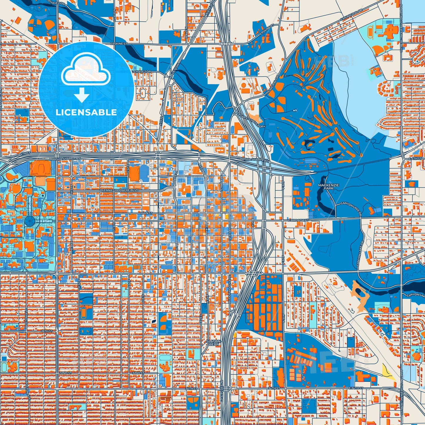 Colorful Lubbock Street Map with Labels and Buildings
