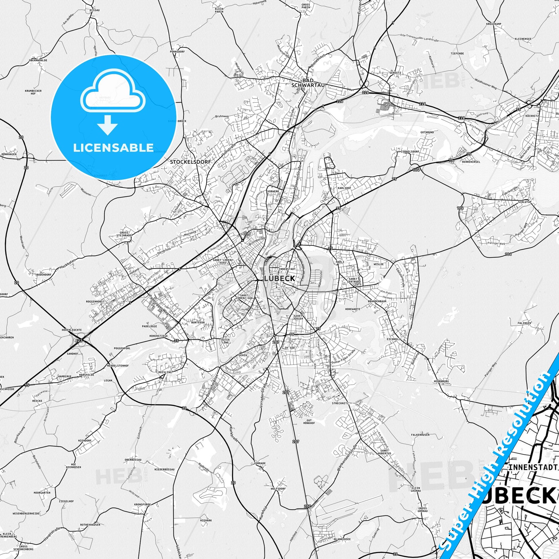 Lubeck, Germany light map with streetnames, citynames and districts
