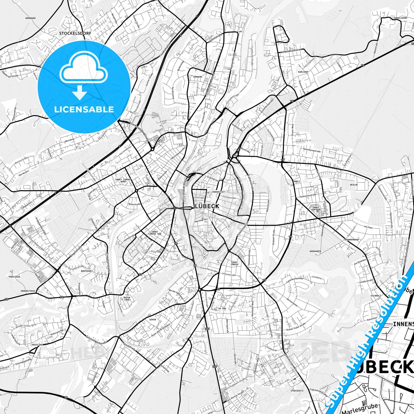 Lubeck, Germany Light Map with Street Names, City Names, and Districts