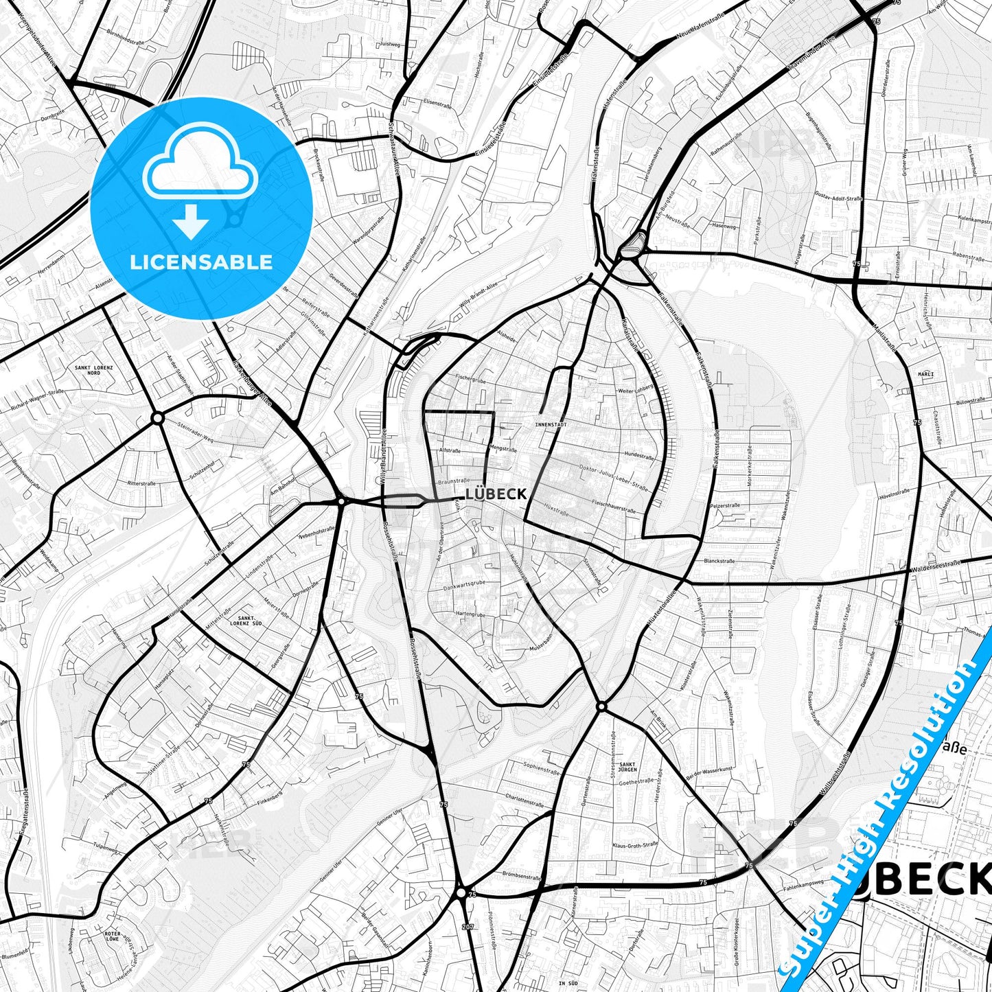 Lubeck, Germany Light Map with Street Names, City Names, and Districts