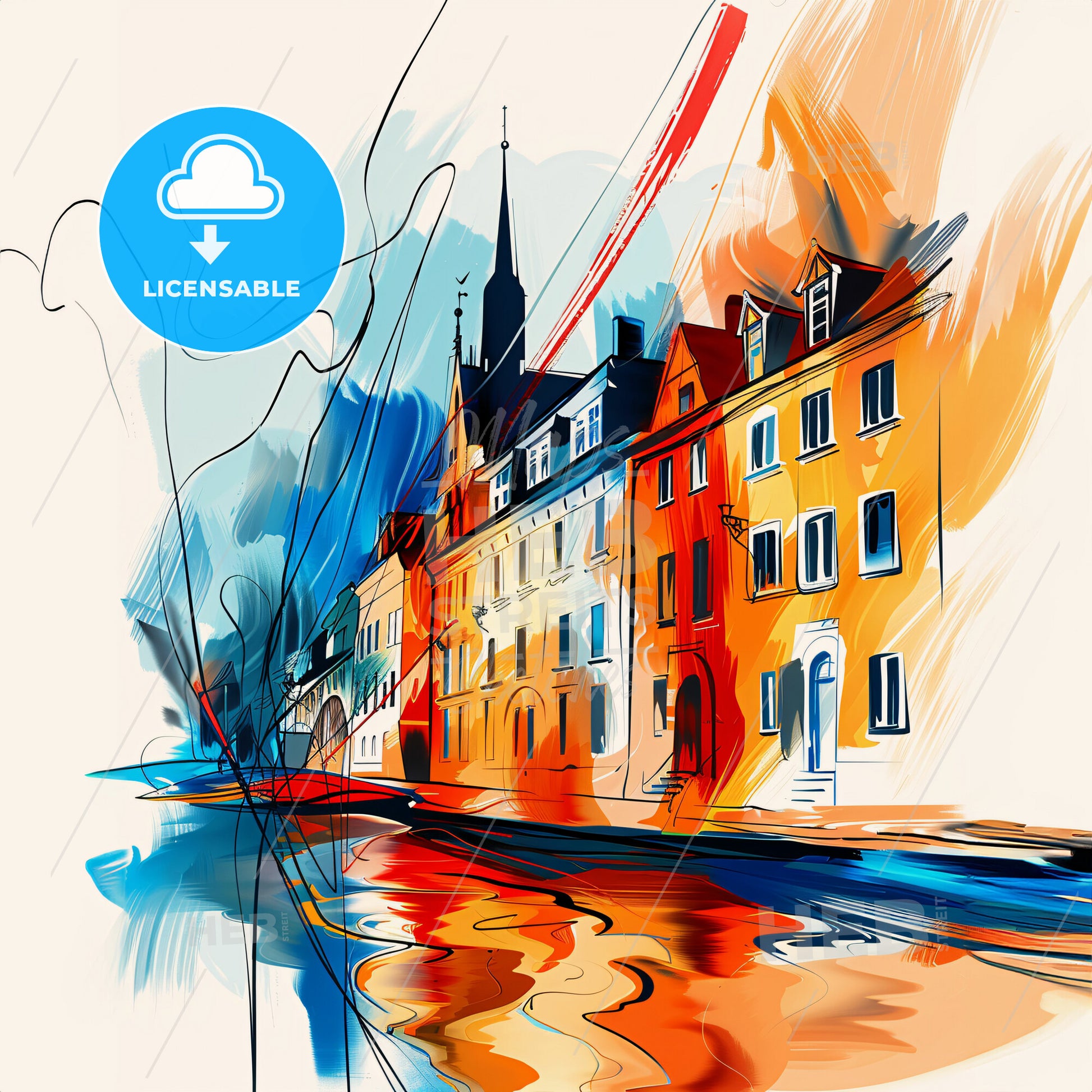 Vibrant Lübeck, Germany - A Colorful Painting Of Buildings And A River