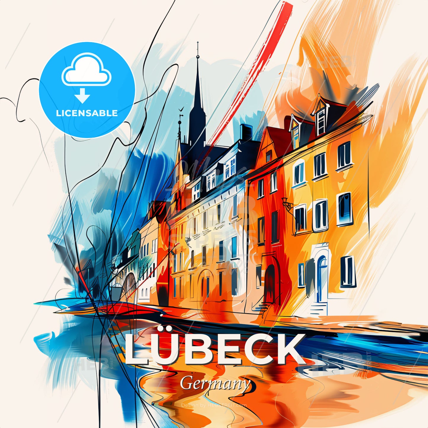 Vibrant Lübeck, Germany - A Colorful Painting Of Buildings And A River - Square format print template