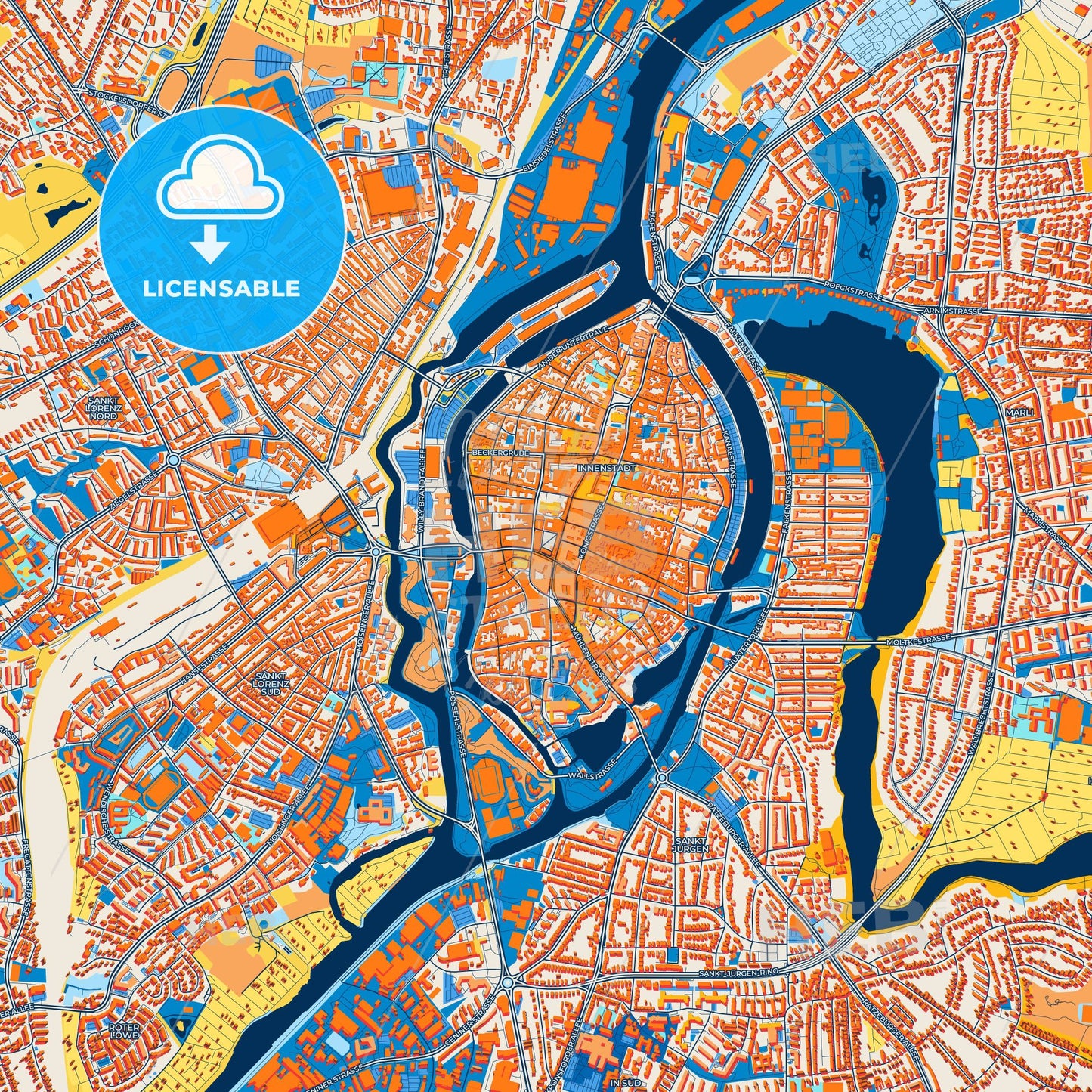 Colorful Lubeck Street Map with Labels and Buildings
