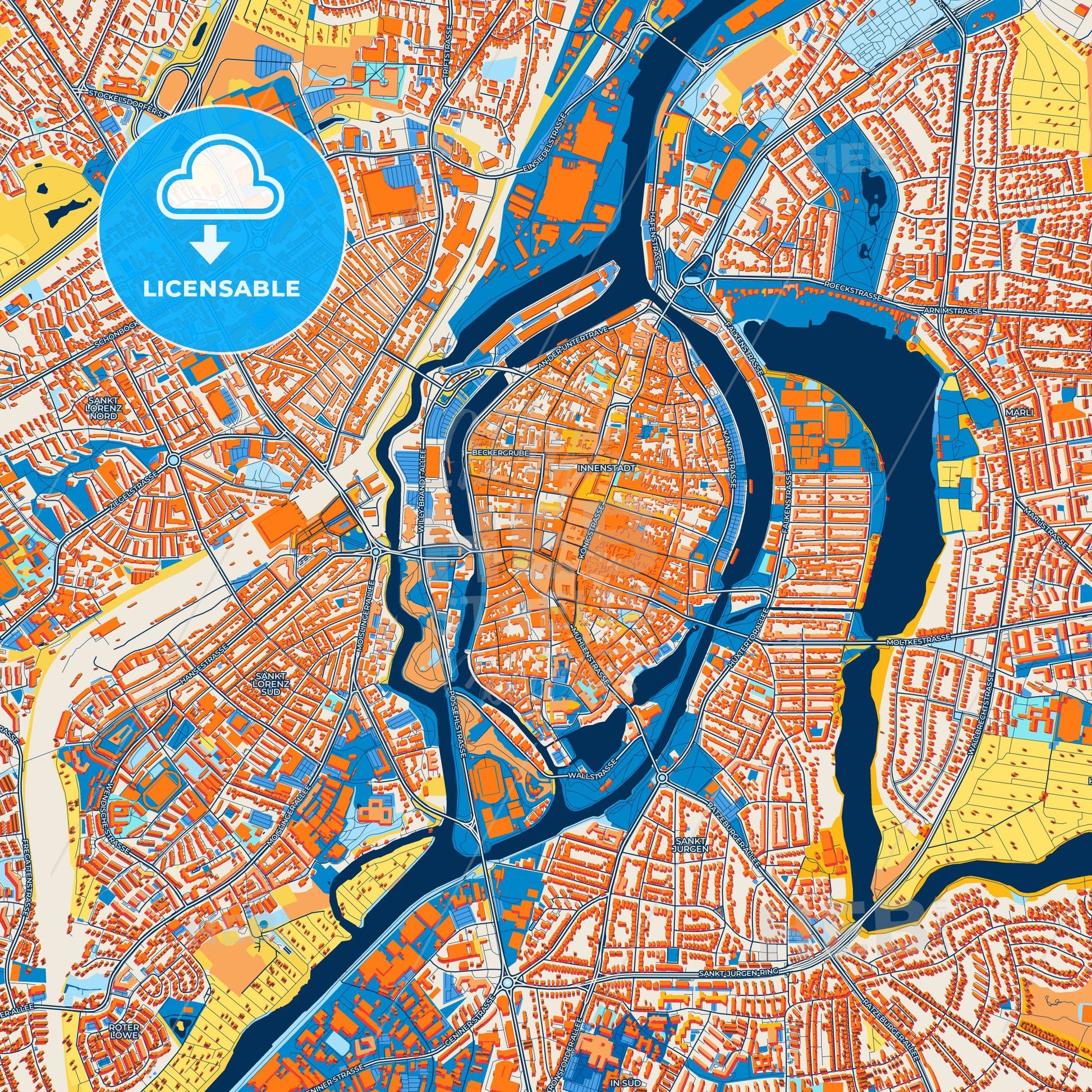 Colorful Lubeck Street Map with Labels and Buildings