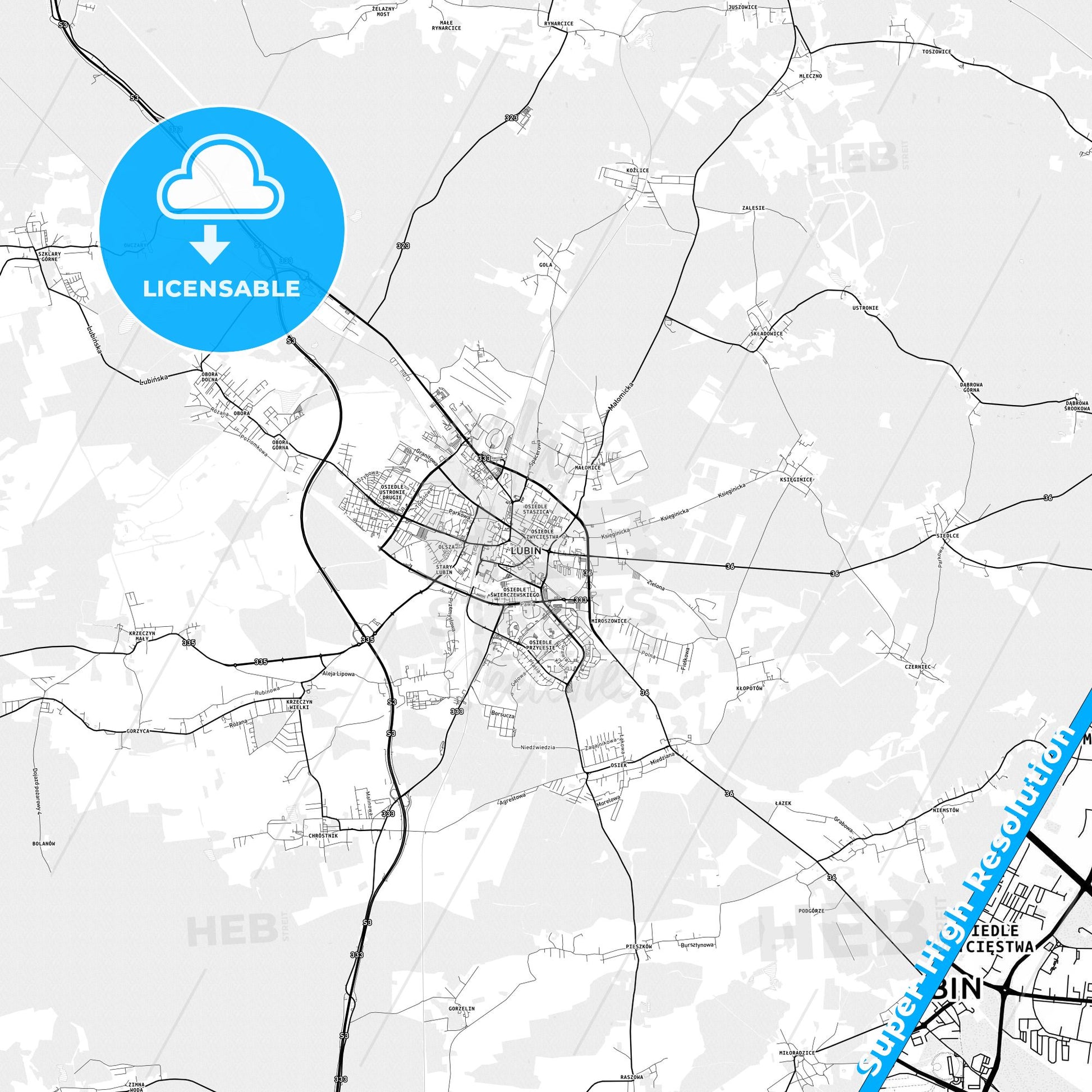 Lubin, Poland light map with streetnames, citynames and districts