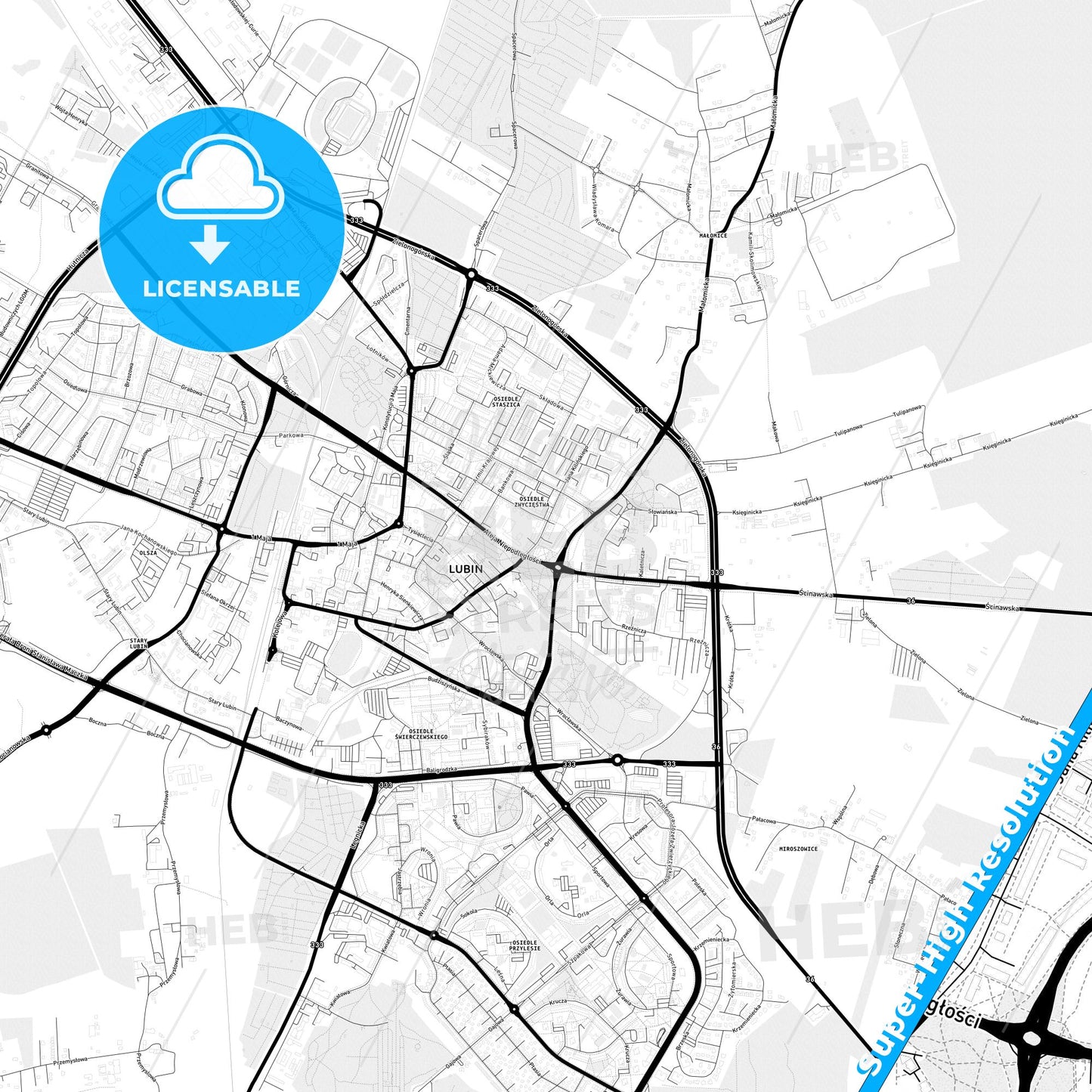 Lubin, Poland Light Map with Street Names, City Names, and Districts