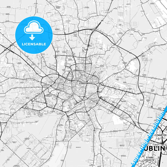 Lublin, Poland light map with streetnames, citynames and districts