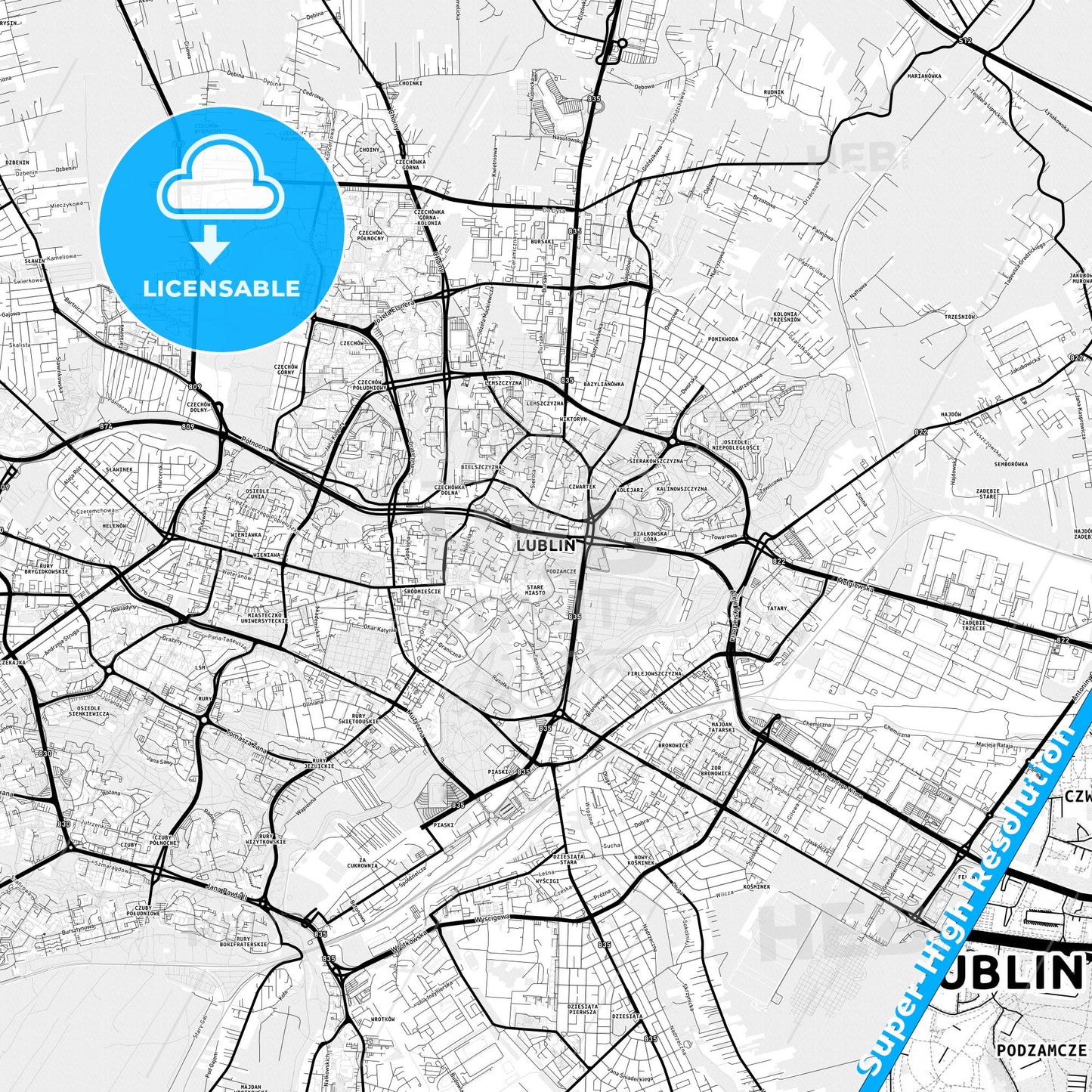 Lublin, Poland Light Map with Street Names, City Names, and Districts