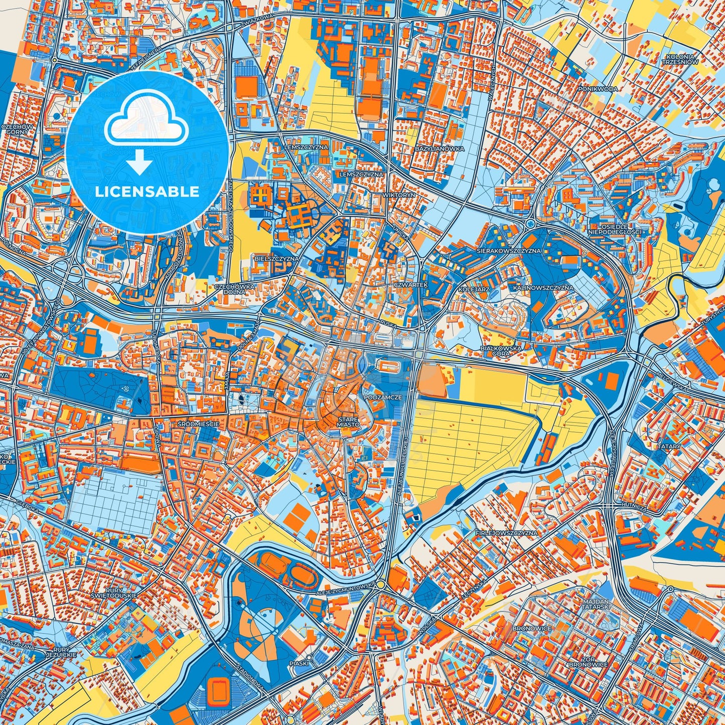 Colorful Lublin Street Map with Labels and Buildings