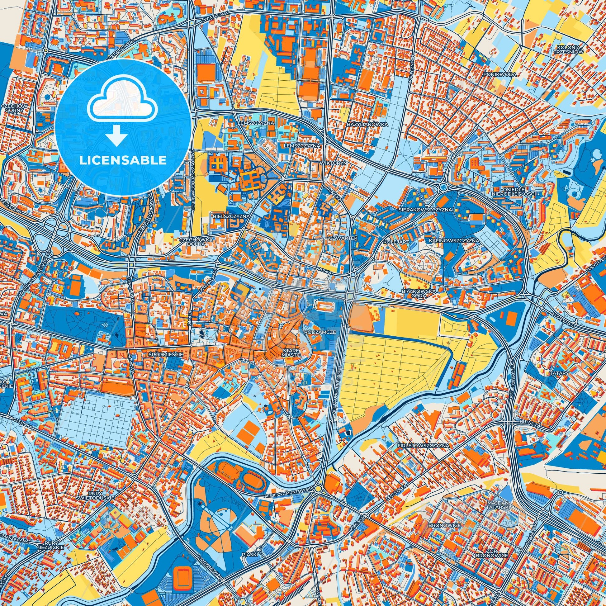 Colorful Lublin Street Map with Labels and Buildings