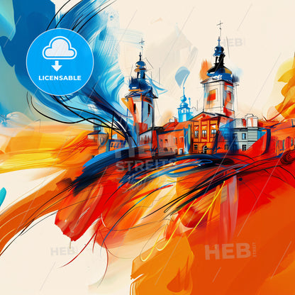 Vibrant Lublin, Poland - A Painting Of A Building With A Colorful Background