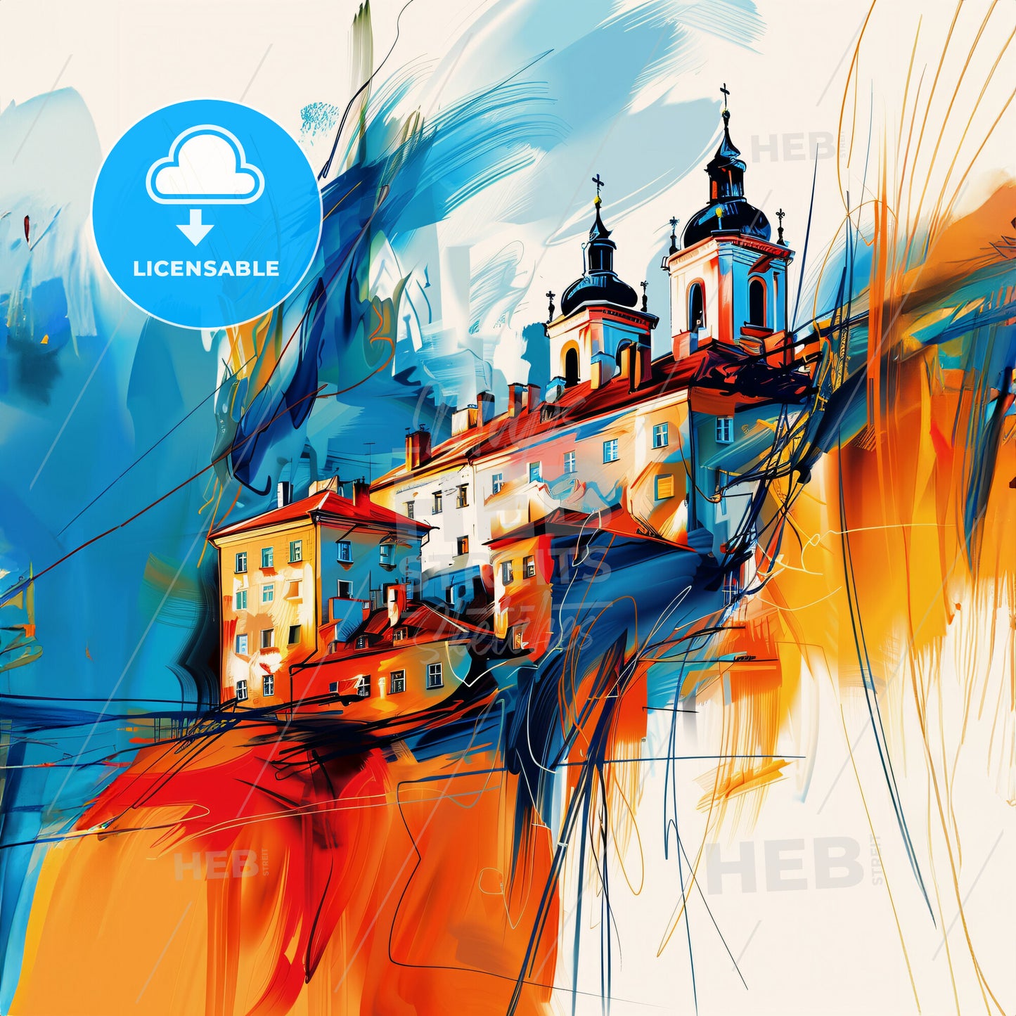 Vibrant Lublin, Poland - A Painting Of A Skyline With A Colorful Building
