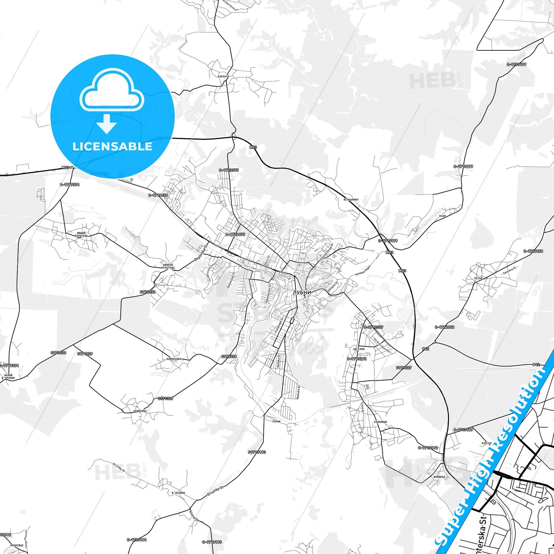 Lubny, Ukraine light map with streetnames, citynames and districts