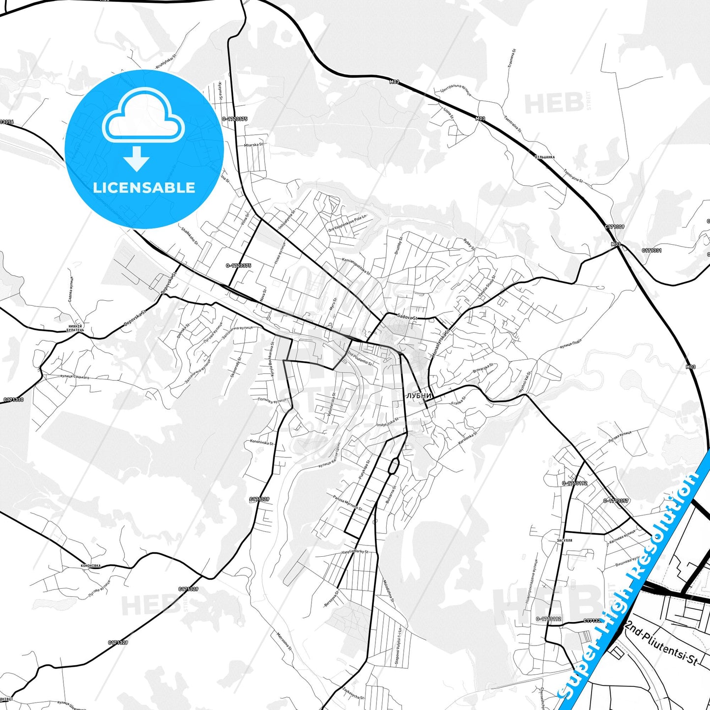 Lubny, Ukraine Light Map with Street Names, City Names, and Districts
