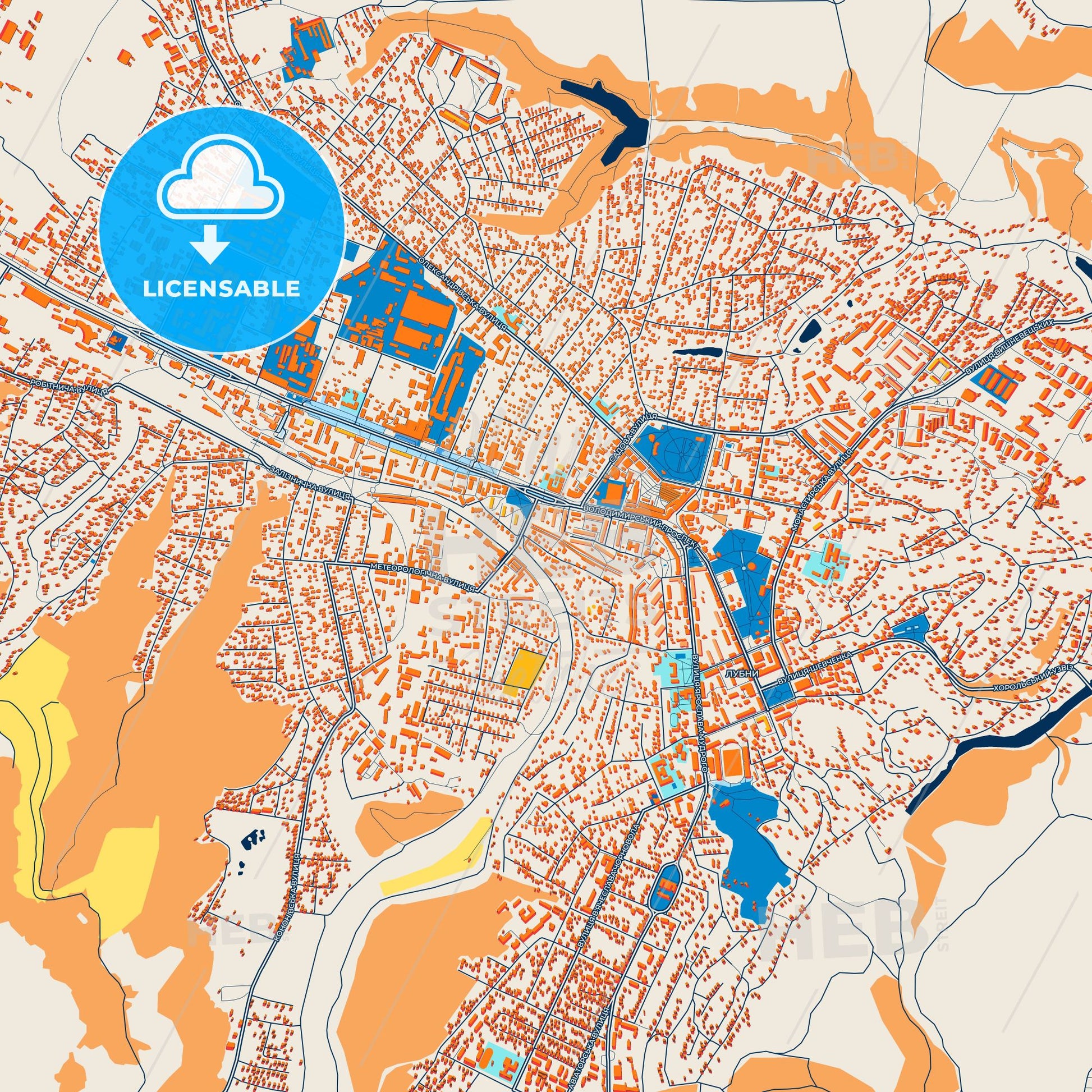 Colorful Lubny Street Map with Labels and Buildings