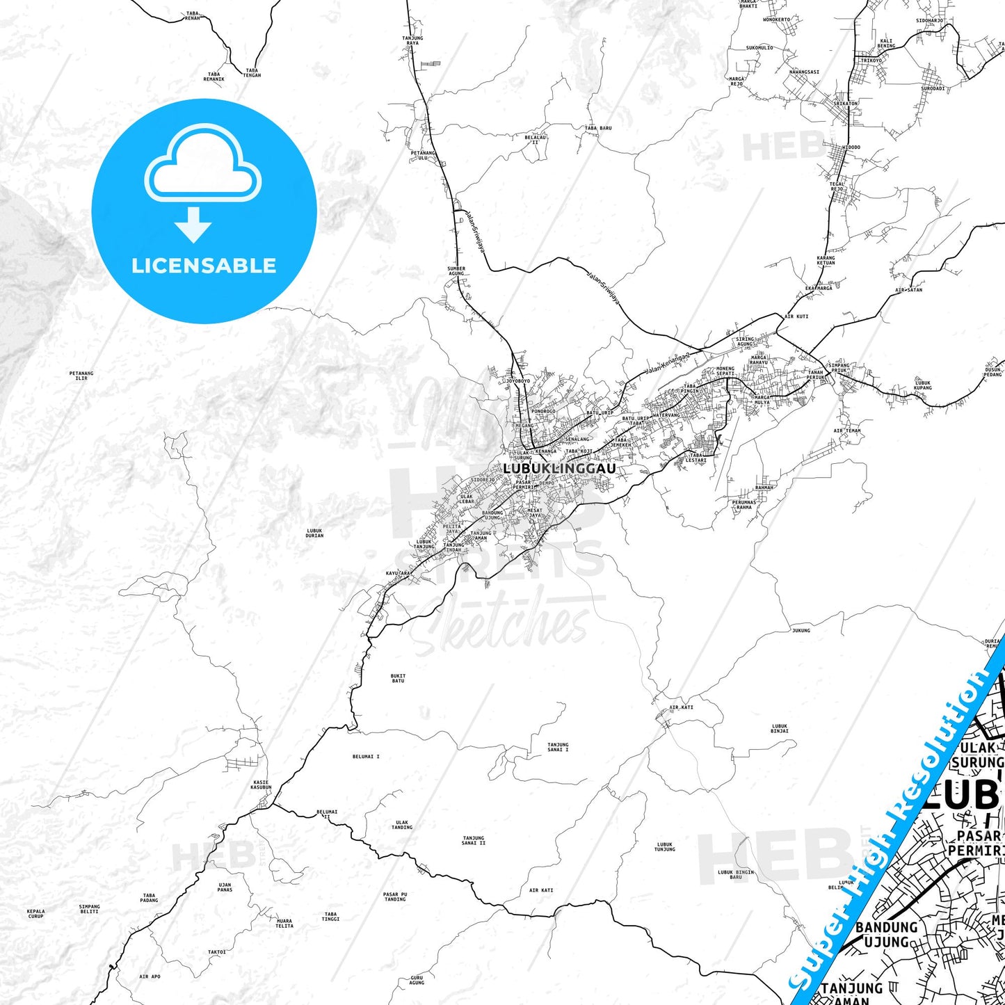 Lubuklinggau, Indonesia light map with streetnames, citynames and districts
