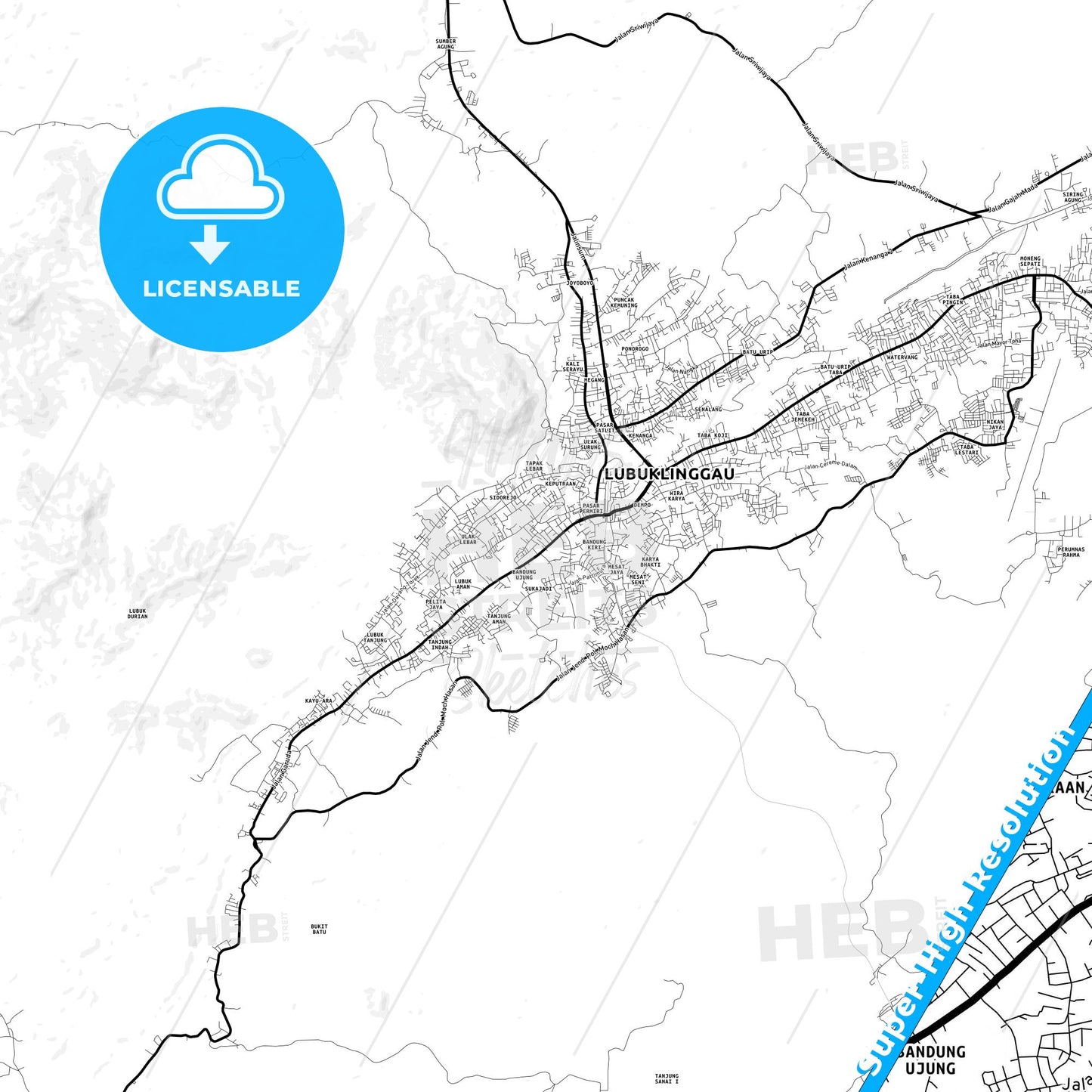 Lubuklinggau, Indonesia Light Map with Street Names, City Names, and Districts