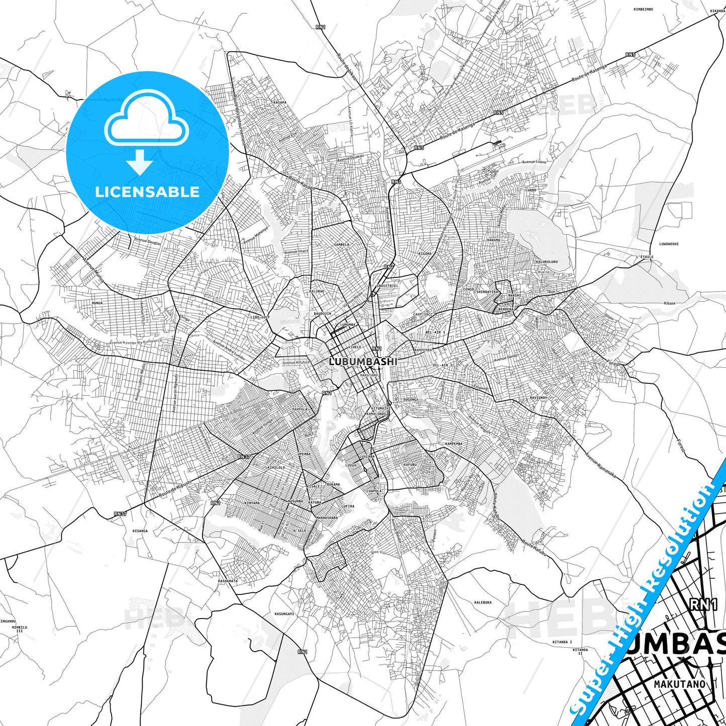 Lubumbashi, DR Congo light map with streetnames, citynames and districts