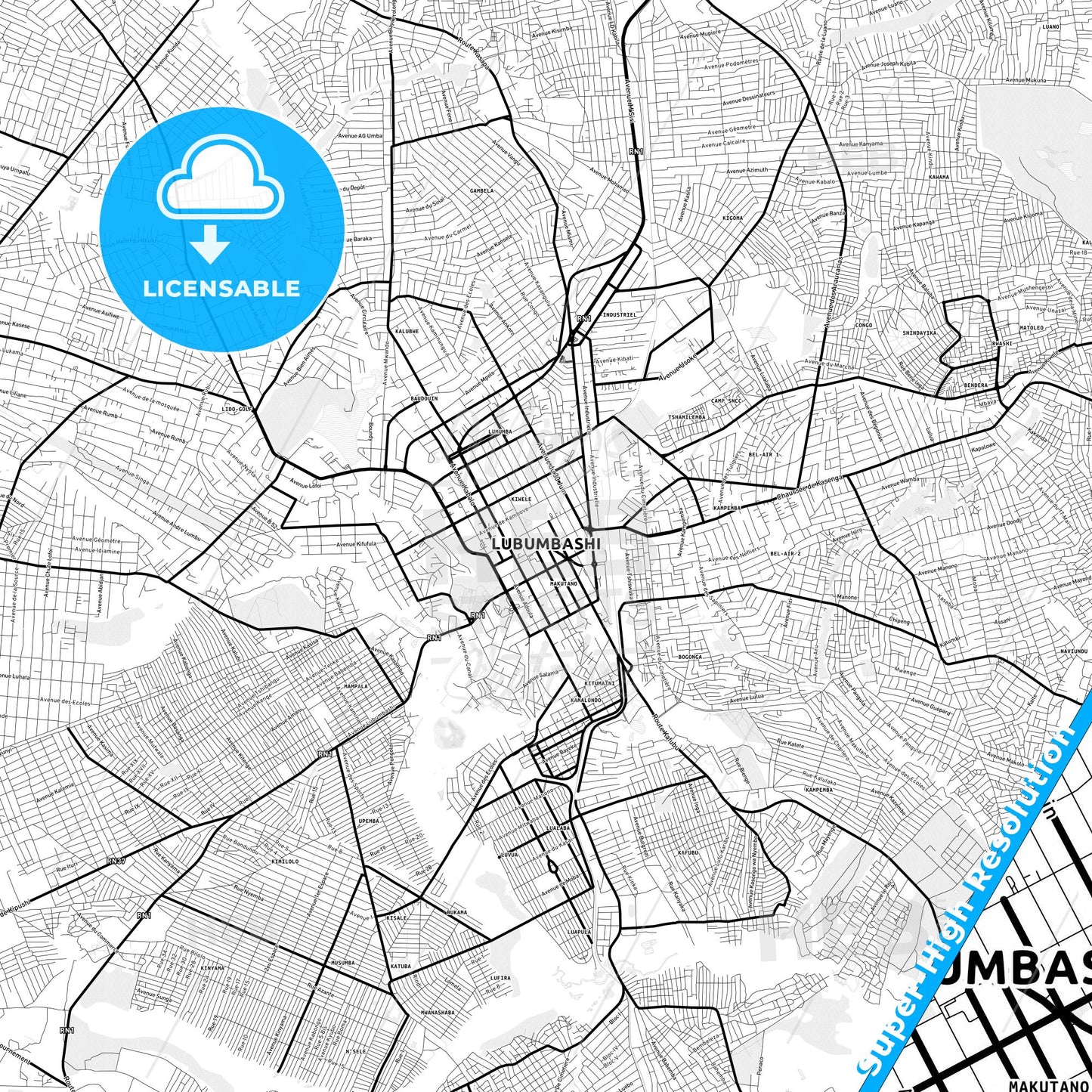 Lubumbashi, DR Congo Light Map with Street Names, City Names, and Districts