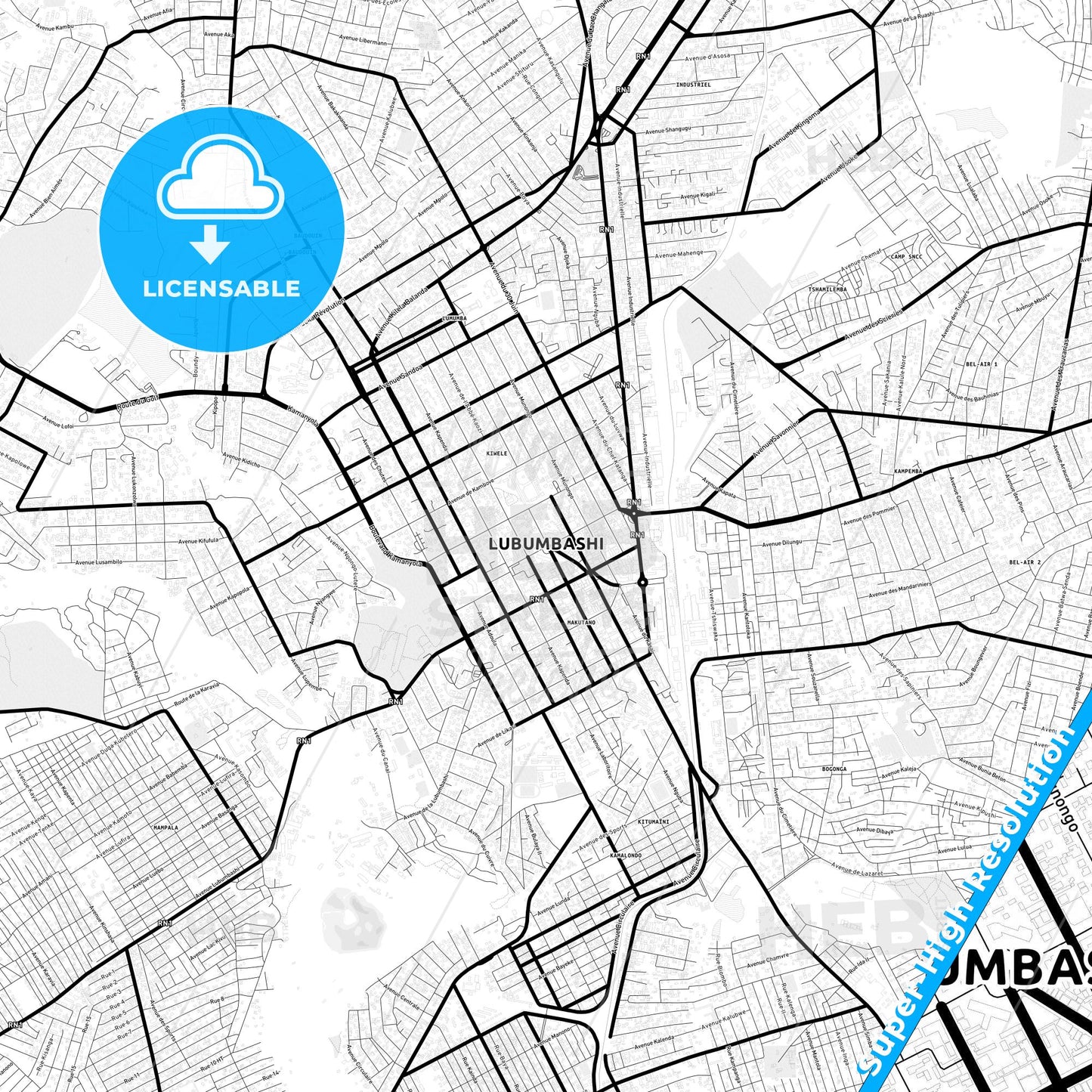 Lubumbashi, DR Congo Light Map with Street Names, City Names, and Districts