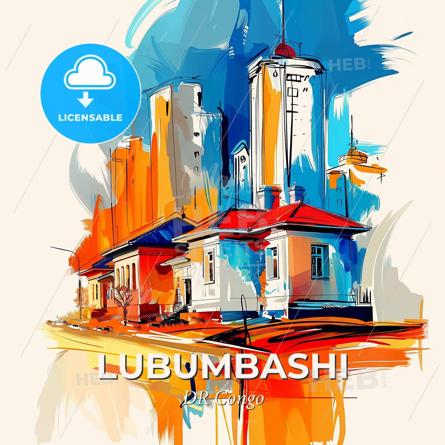 Vibrant Lubumbashi, Dr Congo - A Painting Of Buildings And A Tower - Square format print template