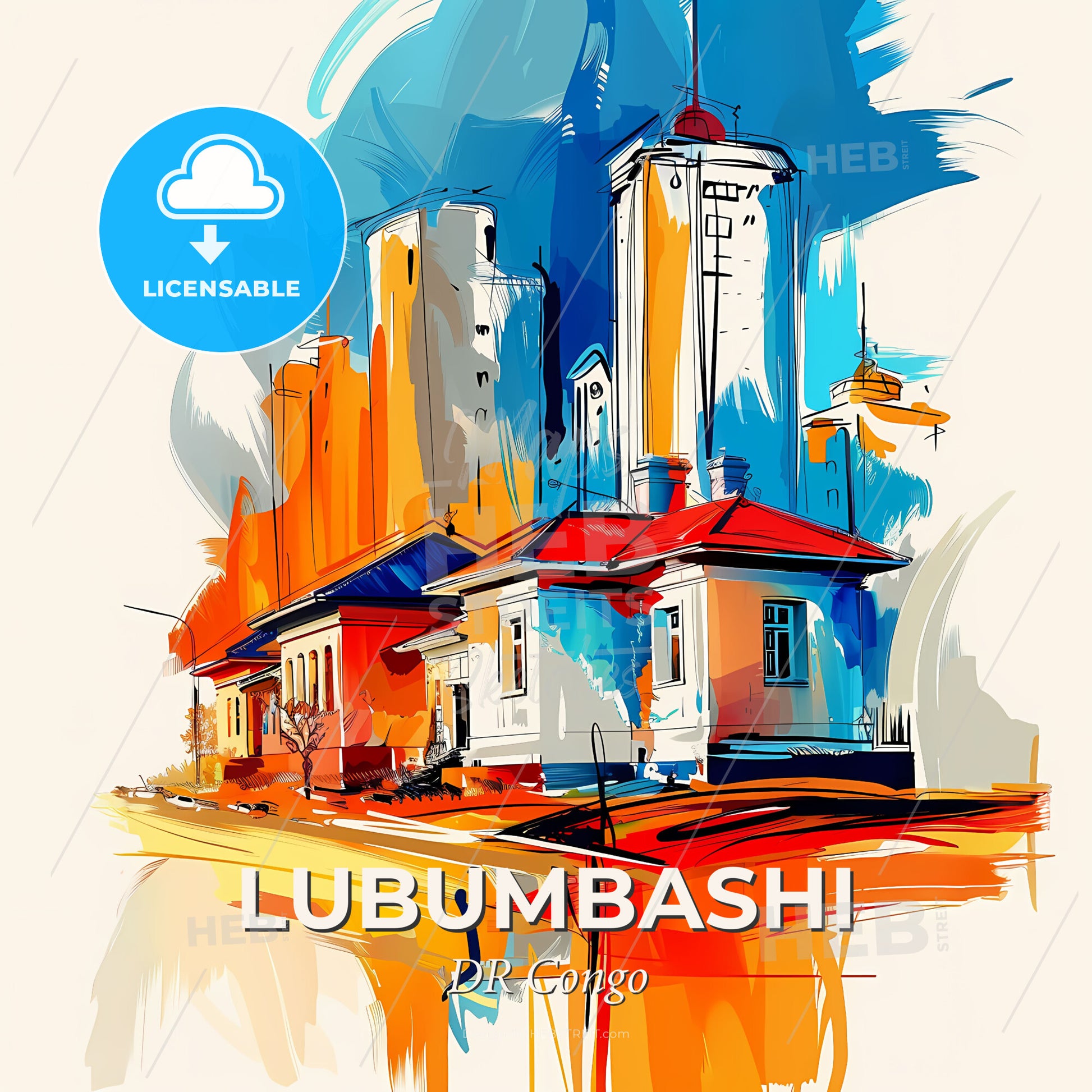 Vibrant Lubumbashi, Dr Congo - A Painting Of Buildings And A Tower - Square format print template