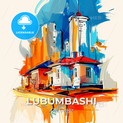 Vibrant Lubumbashi, Dr Congo - A Painting Of Buildings And A Tower - Square format print template