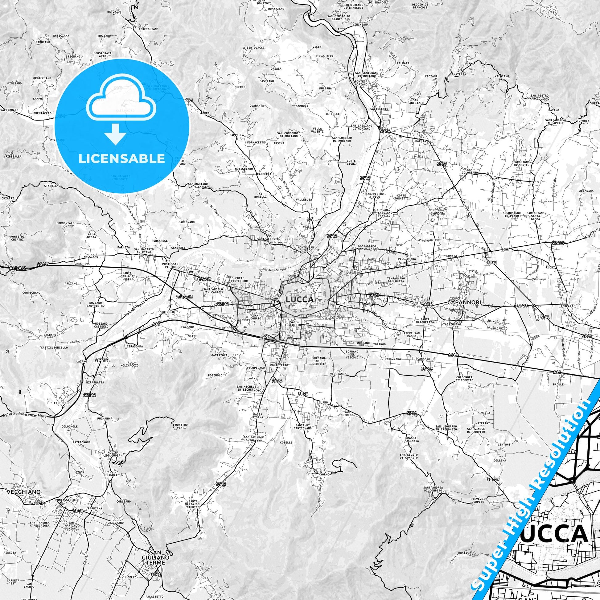 Lucca, Italy light map with streetnames, citynames and districts