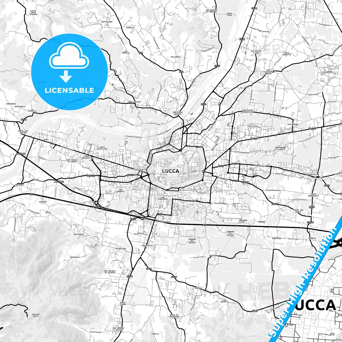 Lucca, Italy Light Map with Street Names, City Names, and Districts