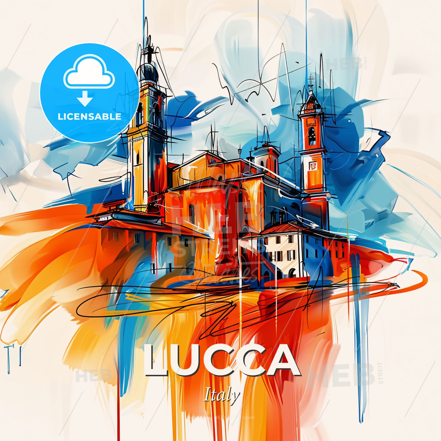 Vibrant Lucca, Italy - A Painting Of A Building With Towers - Square format print template