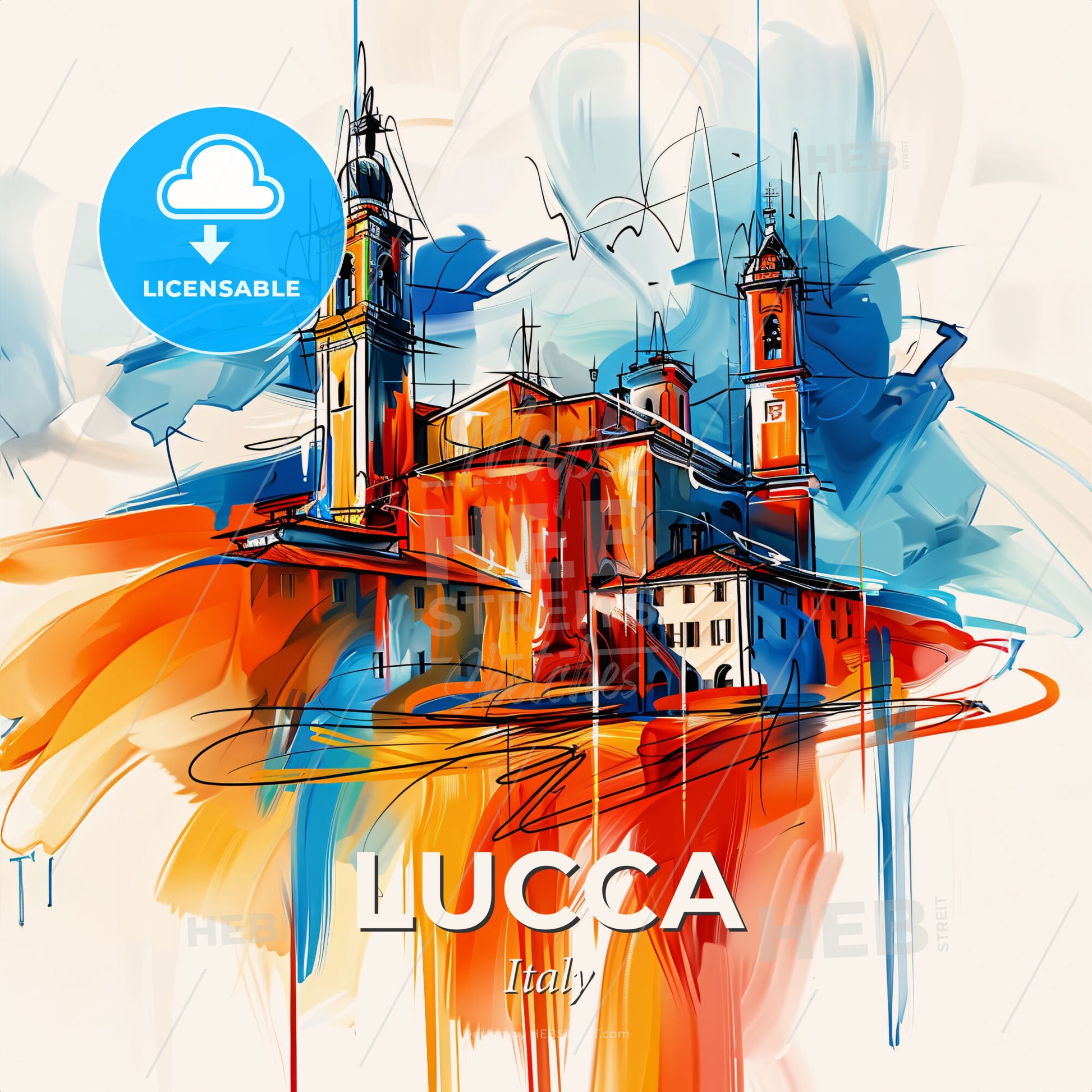Vibrant Lucca, Italy - A Painting Of A Building With Towers - Square format print template