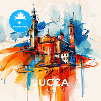 Vibrant Lucca, Italy - A Painting Of A Building With Towers - Square format print template