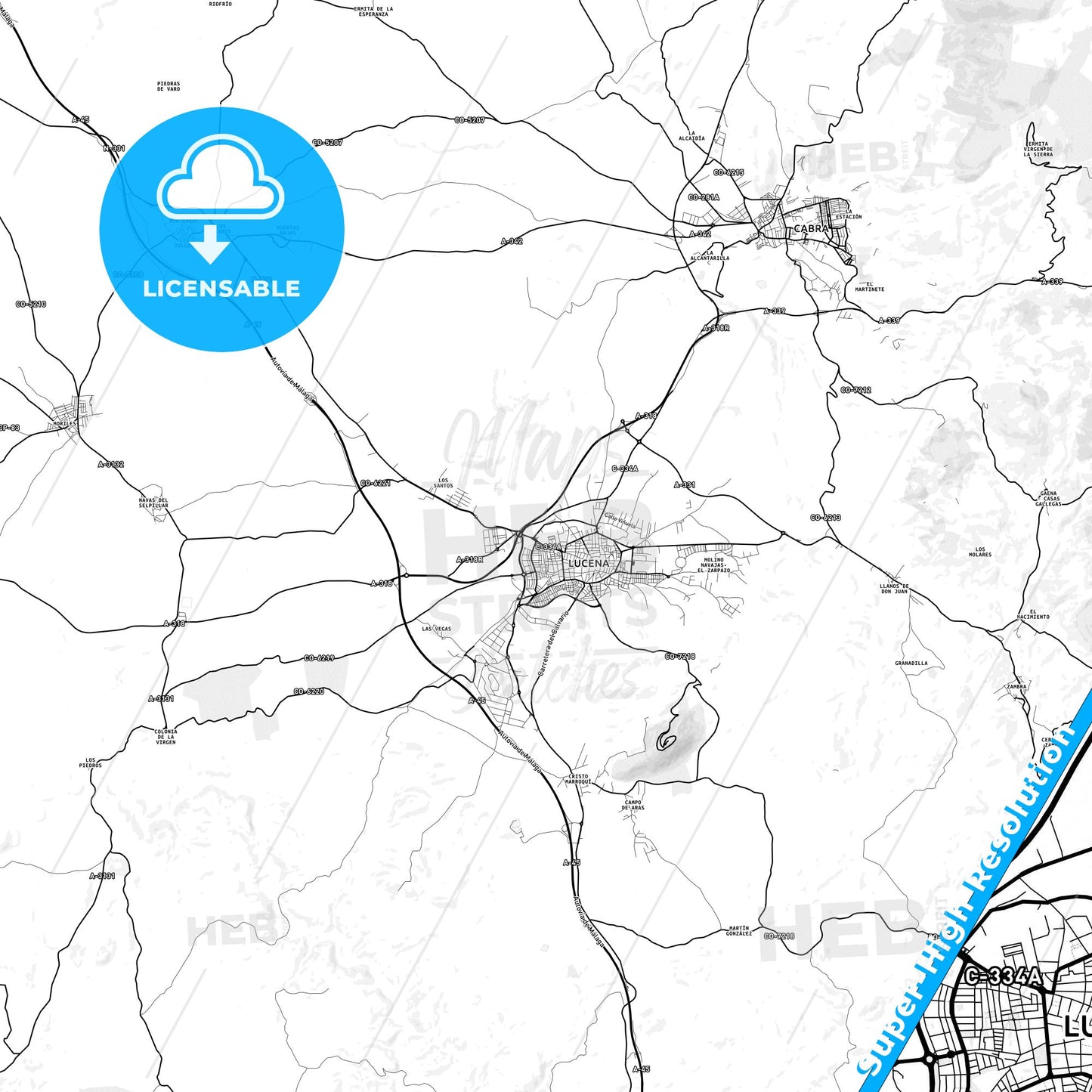 Lucena, Spain light map with streetnames, citynames and districts