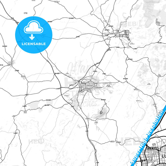 Lucena, Spain light map with streetnames, citynames and districts