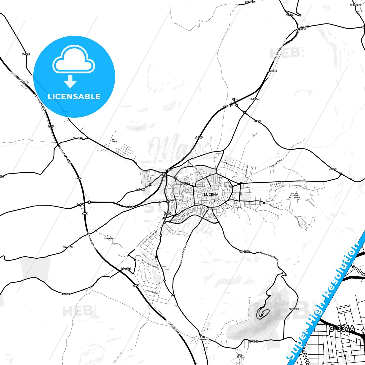 Lucena, Spain Light Map with Street Names, City Names, and Districts