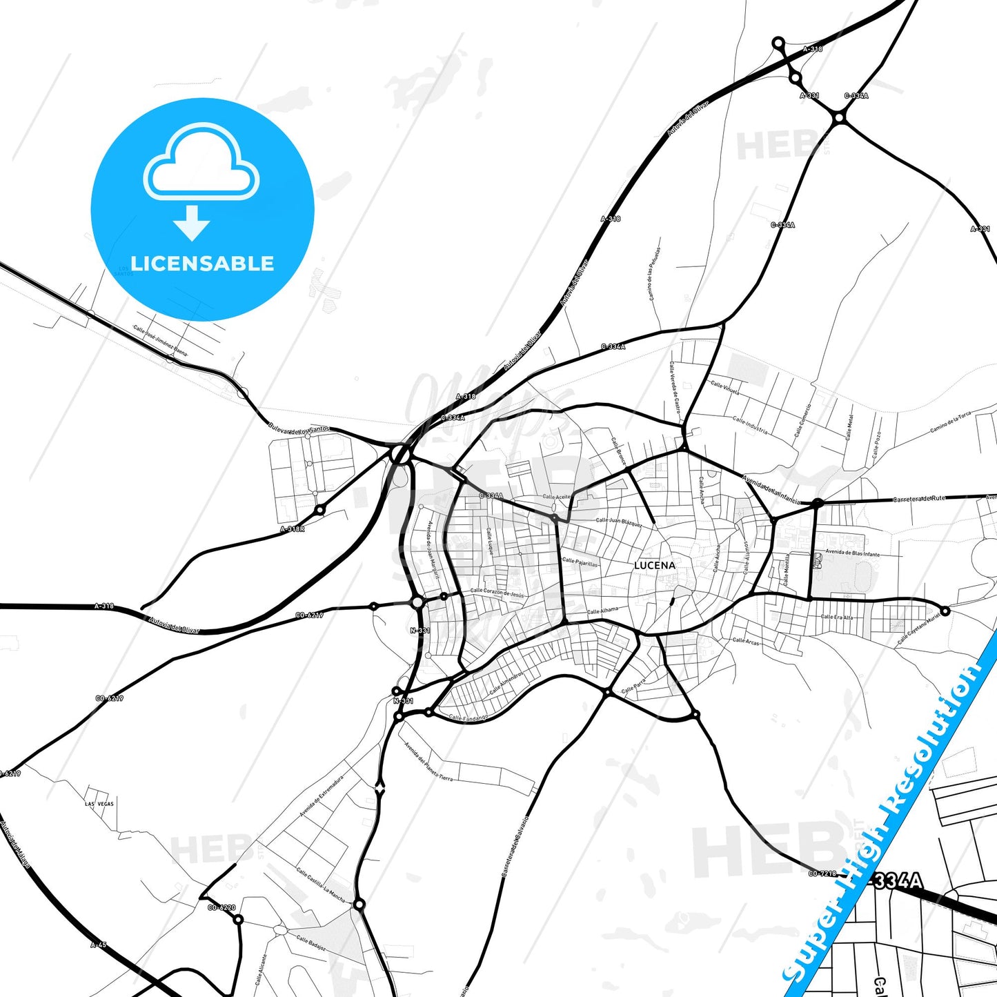 Lucena, Spain Light Map with Street Names, City Names, and Districts