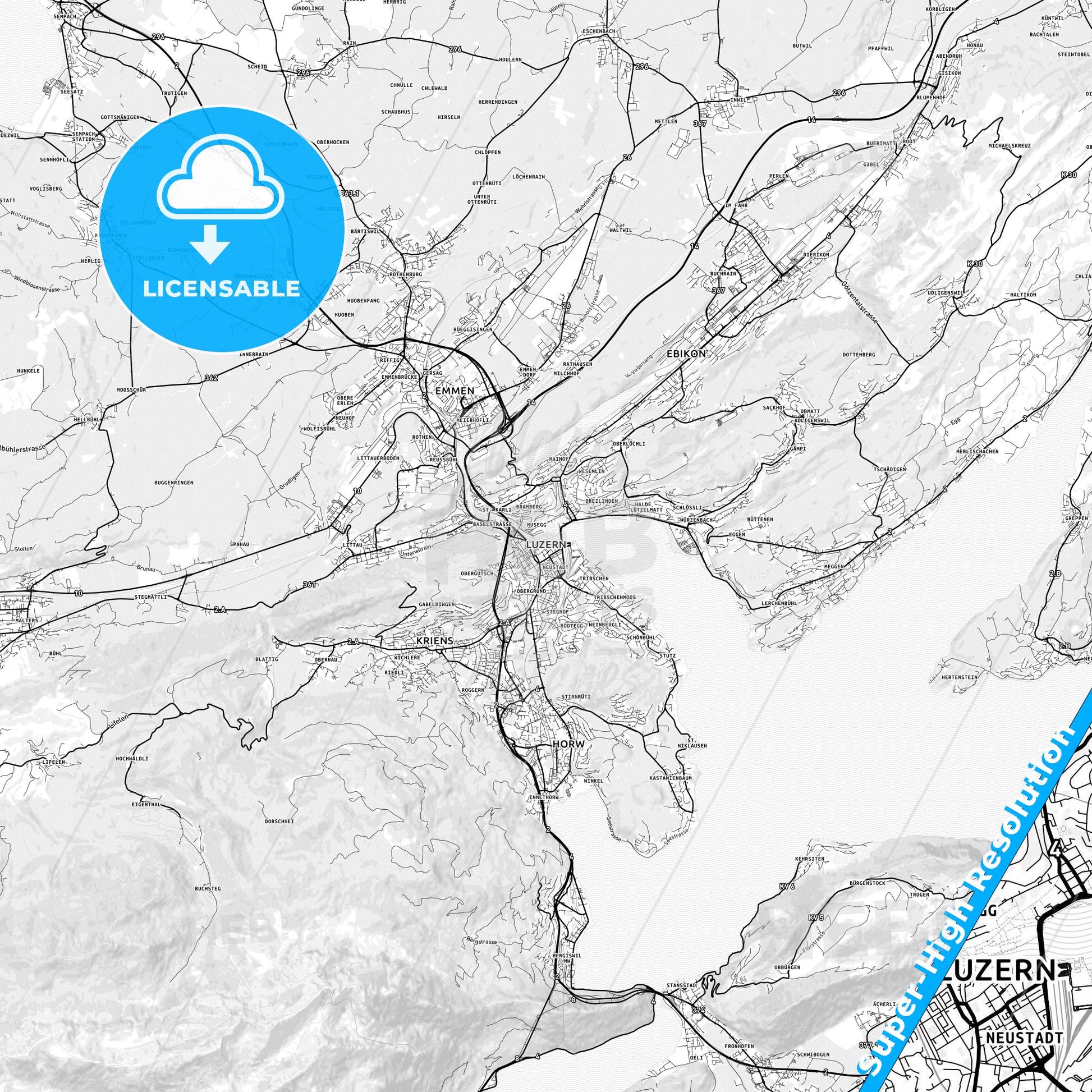 Lucerne, Switzerland light map with streetnames, citynames and districts