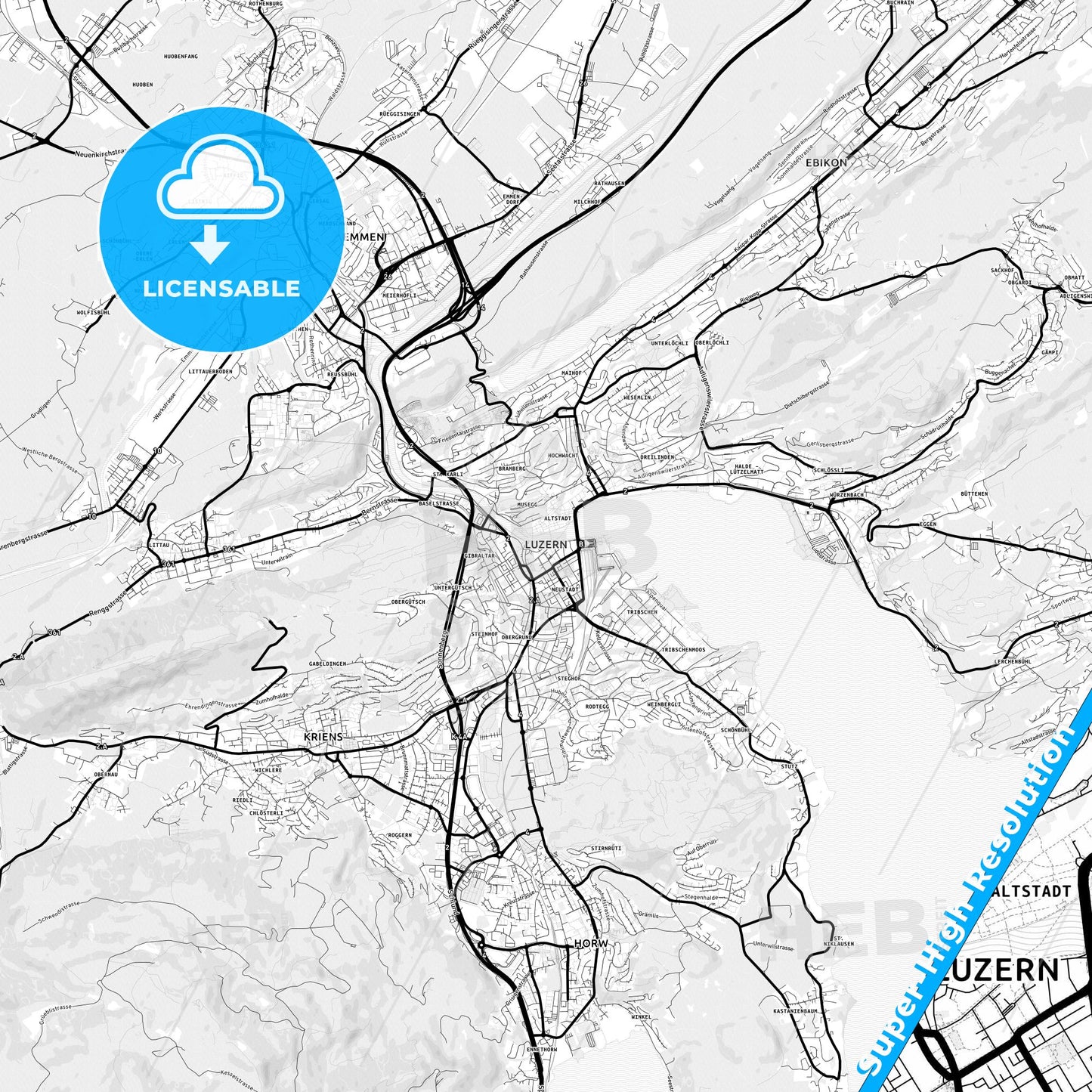 Lucerne, Switzerland Light Map with Street Names, City Names, and Districts