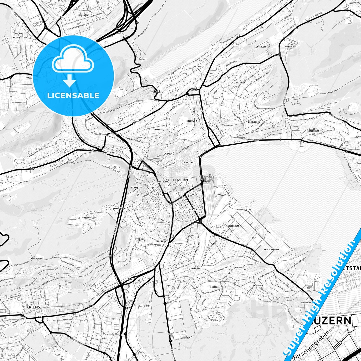 Lucerne, Switzerland Light Map with Street Names, City Names, and Districts