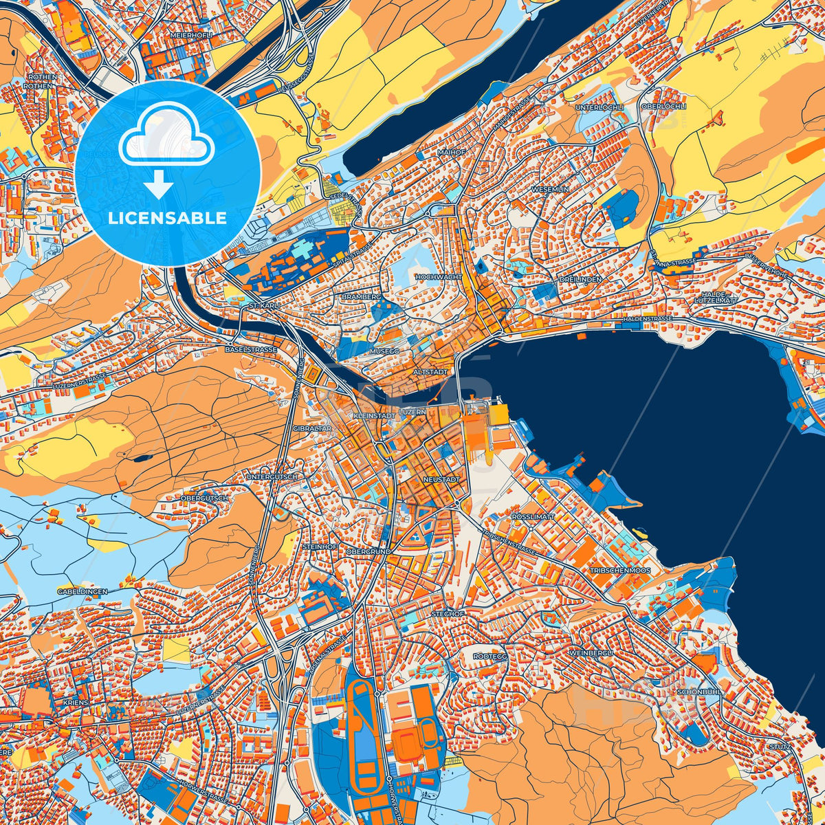 Colorful Lucerne Street Map with Labels and Buildings