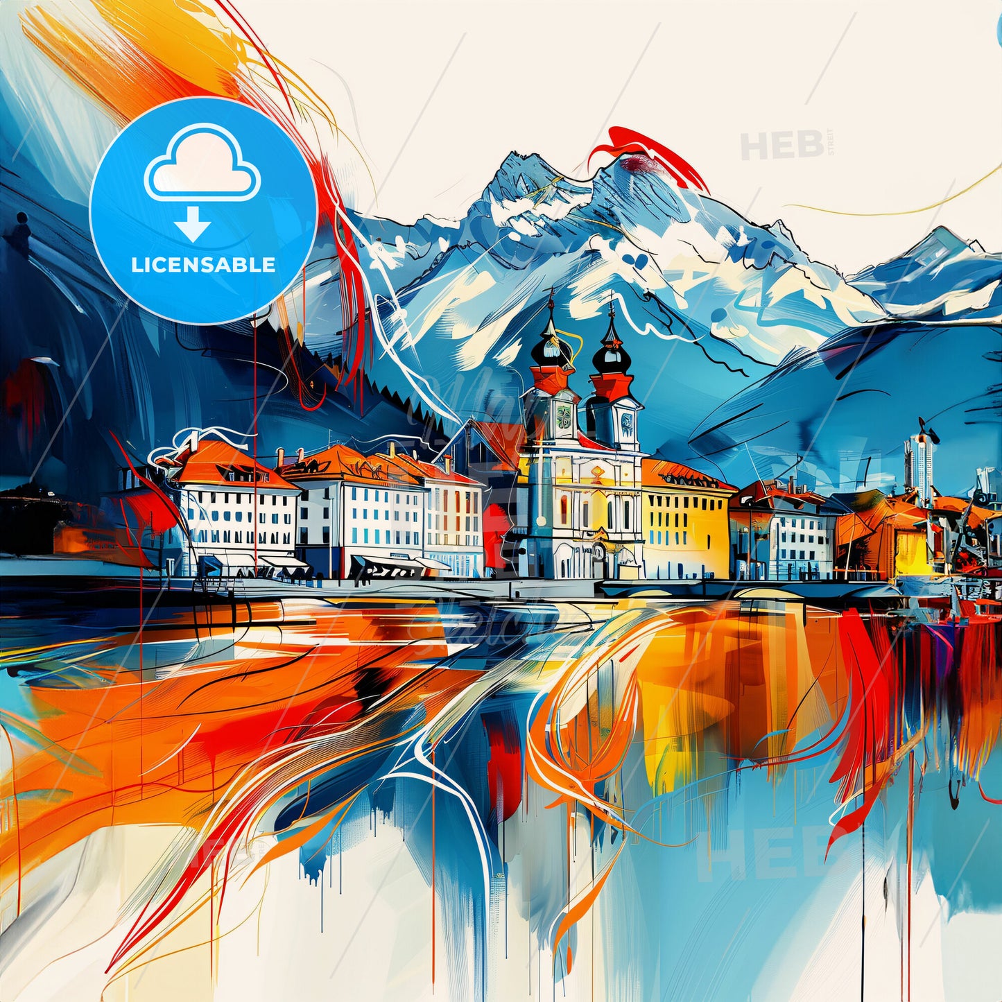 Vibrant Lucerne, Switzerland - A Painting Of A Town With Mountains In The Background