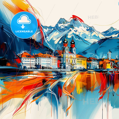 Vibrant Lucerne, Switzerland - A Painting Of A Town With Mountains In The Background
