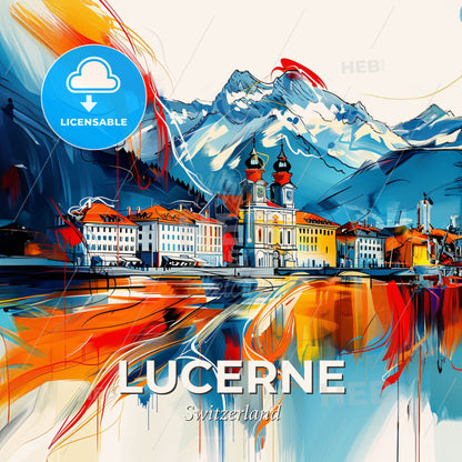 Vibrant Lucerne, Switzerland - A Painting Of A Town With Mountains In The Background - Square format print template